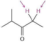 Chemical structure of 2-methyl-3-pentanone. Two arrows point toward the highlighted hydrogens at C 4.