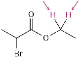 Chemical structure of ethyl 2-bromopropionate. Two arrows point toward the highlighted hydrogens on ethyl carbon adjacent to oxygen.