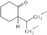 Chemical structure of 2-isopropylcyclohexanone. Two arrows point toward the highlighted hydrogens on isopropyl terminals.