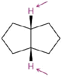 Chemical structure of cis-bicyclo[3.3.0]octane. Two arrows point toward the highlighted hydrogens on fusion carbons.