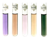 Test tubes labeled Pu(III), Pu(IV) HClO4, Pu(V), Pu(VI), and Pu(VII). The tubes contain solutions that are purple, orange, light pink, light orange, and a dark green.