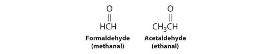 Structure of formaldehyde (methanal) and acetaldehyde (ethanal).