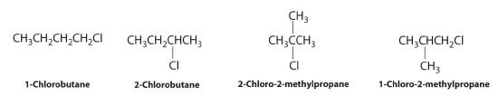 1-Chlorobutane, 2-chlorobutane, 2-chloro-2-methylpropane, and 1-chloro-2-methylpropane.