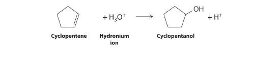 Cyclopentene reacts with a hydronium ion to form cyclopentol and a hydrogen ion.