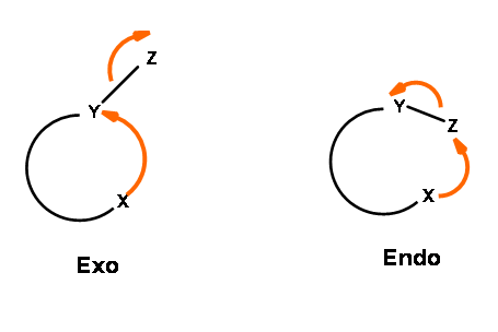 Los electrones involucrados en un ataque exo abandonan el sistema de anillos al unirse al grupo de salida. Un ataque endo no implica un grupo de salida y todos los electrones se involucran en el sistema de anillos.