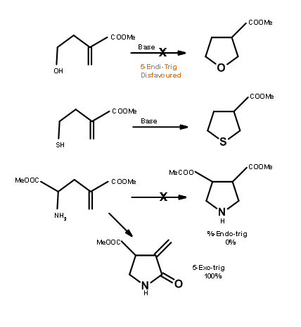 By replacing the hydroxy group with a thiol, the 5-endo-trig system is able to cyclize in the presence of a base.