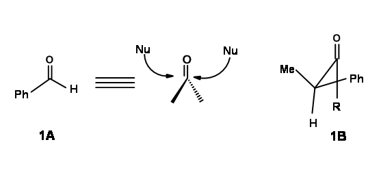 Nucleófilo ataca una molécula plana trigonal que contiene carbonilo desde ambos lados por igual.