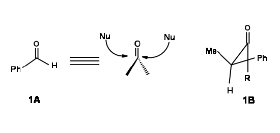 Nucleophile attacks a carbonyl-containing trigonal planar molecule from both sides equally.