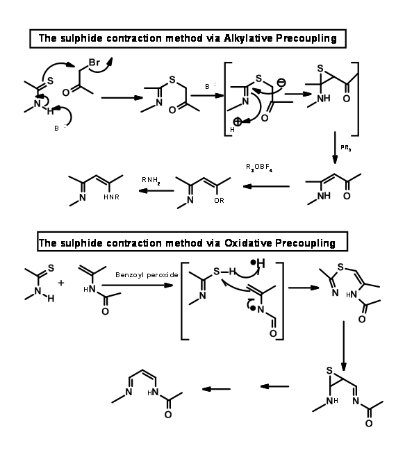 Se muestran dos métodos de contracción de sulfuro. El primer método es vía preacoplamiento alquilativo y el segundo método es el preacoplamiento oxidativo.