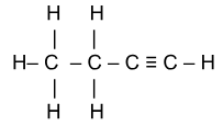 1-butyne: Four carbon atoms bonded in a row with a triple bond between the last two carbons. All H atoms are shown