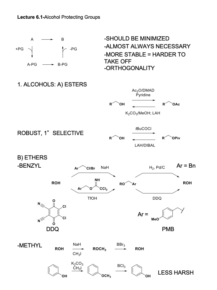 Chemical diagrams and notes on alcohols, ethers, and reactivity patterns related to organic chemistry.