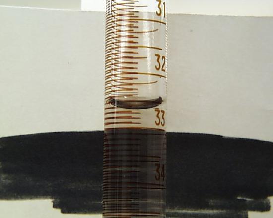 Buret shown from an improper angle leading to an incorrect reading.