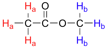 Drawing of methyl acetate with the hydrogens on the left labeled as HA in red and the hydrogens on the right labeled as HB in blue. 