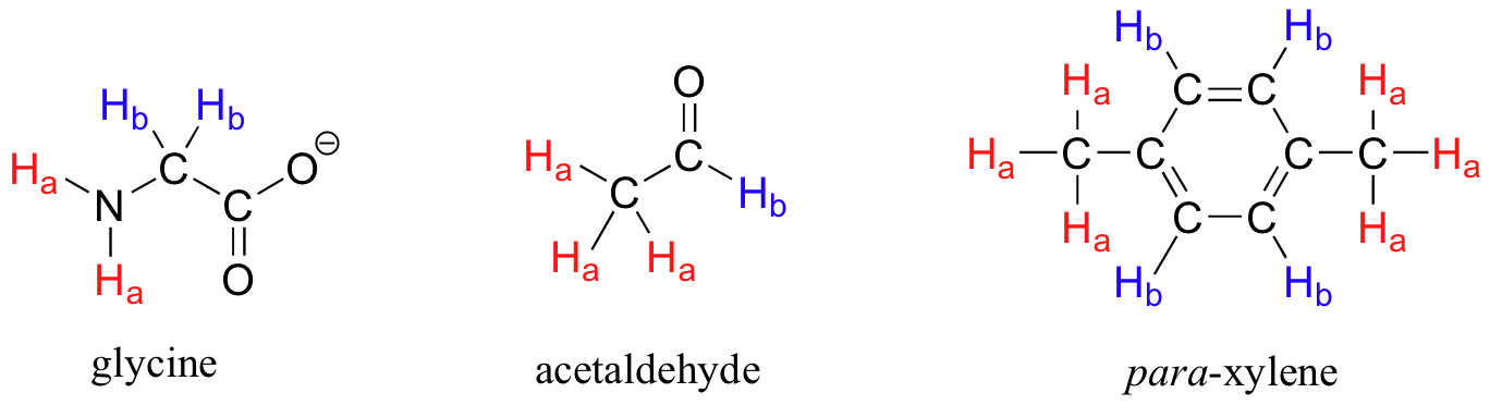 Lewis structures of glycine, acetaldehyde, and para-xylene with HA labeled in red and HB labeled in blue. 