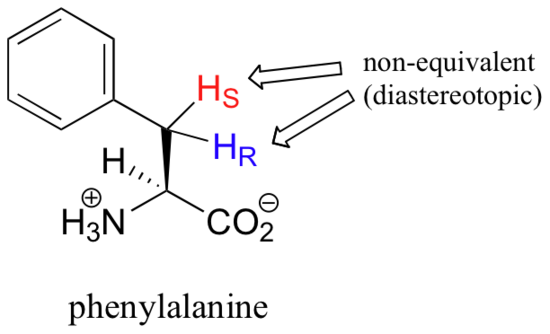 Wedge-dash structure of phenylalanine with non-equivalent (diasterotopic) hydrogens. 