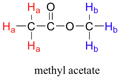 Lewis structure of methyl acetate with the two groups of hydrogens labeled as A and B and colored in red and blue. 