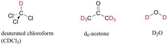 Wedge-dash structure of deuterated chloroform (CDCl3). Lewis structure of d6-acetone and D2O with D highlighted in red. 