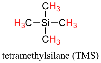 Lewis structure of tetramethylsilane (TMS) with hydrogens highlighted in red. 
