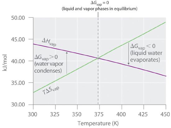 Graph of kJ/mol as a function of temperature with slopes for change in delta H vap, delta G vap < 0, delta G vap > 0, and T delta S vap. 