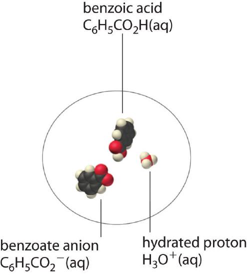 Space filling models of benzoic acid, C6H5CO2, benzoate anion, C6H5CO2-, and a hydrated proton, H3O+.