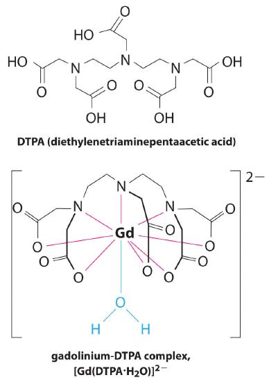 Structures of DTPA, diethylenetriaminepentaacetic acid, and gadolinium-DTPA complex.