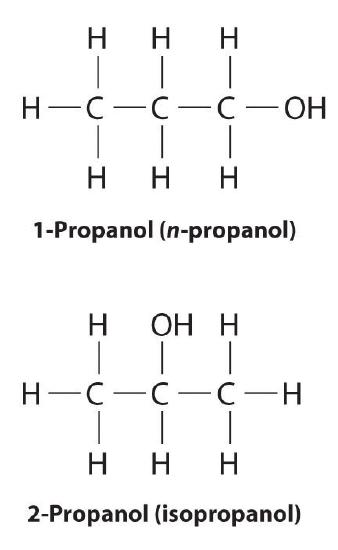 Bond line drawing of 1-propanol(n-propanol) and 2-propanol (isopropanol)