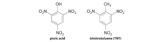 Structures of picric acid, C6H3N3O7, and trinitrotoluene, C7H5N3O6.