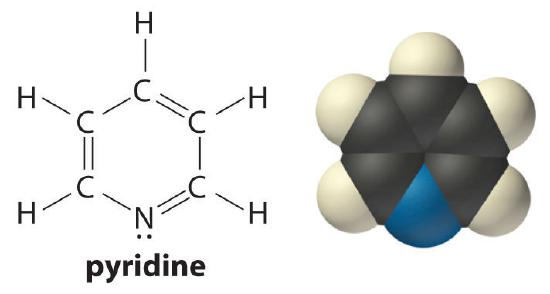 Structure of pyridine next to a space filling model of it.