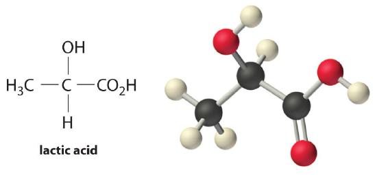 Structure and ball and stick model of lactic acid, C3H6O3.