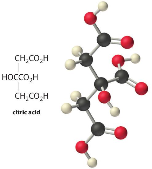 Structure and ball and stick model of citric acid, HOC(CH₂CO₂H)₂.