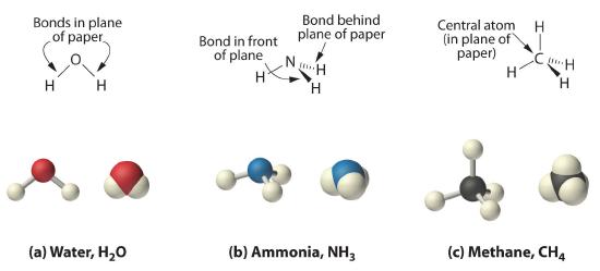 Water has OH bonds in line with the paper drawn as simple black lines. Ammonia has an NH bond in line with the paper (simple black line), an NH bond coming out of the paper (wedge), and NH bond going into the paper (dash).