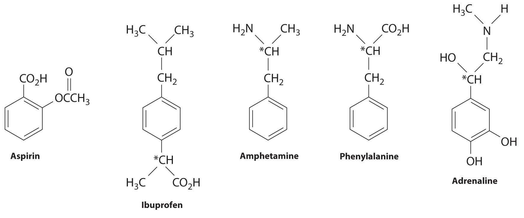 Lewis structures of aspirin, ibuprofen, amphetamine, phenylalanine, and adrenaline. 