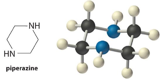Structure and ball and stick model of piperazine.