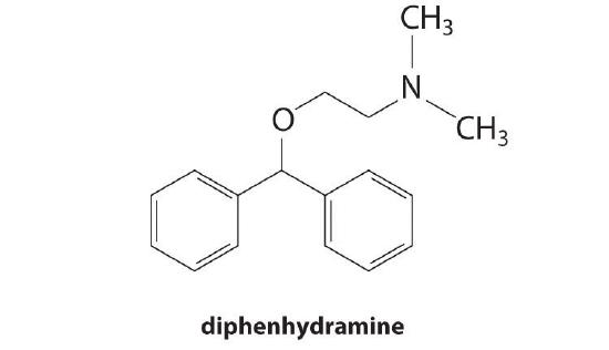 Structure of diphenhydramine (C17H21NO).