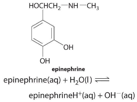 Structure of epinephrine. Aqueous epinephrine reversibly reacts with liquid water to form protonated aqueous epinephrine and aqueous OH-.