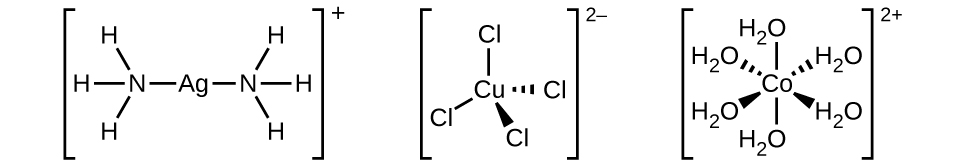 The structural formulas for Ag N H 3 subscript 2, C u C l subscript 4, and C o H 2 O subscript 6 is shown in enclosing brackets showing their individual charges on the top right of positive 1, negative 2 and positive 2 respectively. 