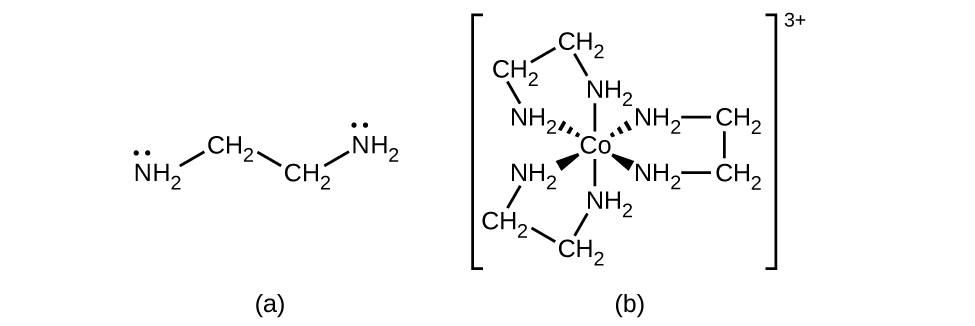 Structural formulas of ethylenediamine and cobalt(III) complex. 