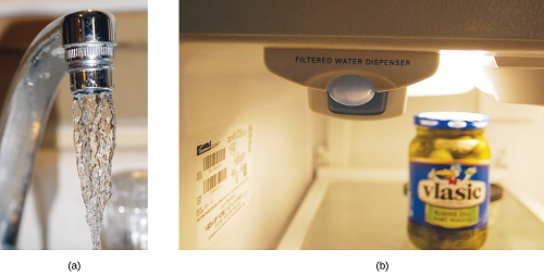 Two pictures labeled "a" and "b". Picture "a" shows a water faucet with flowing water. Picture "b" shows a jar of pickles in a fridge with a filtered water dispenser above it.