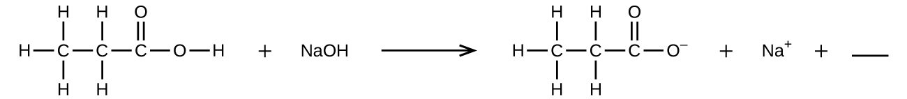 Cette figure montre une réaction chimique. Sur le côté gauche de la flèche de réaction, la formule structurale d'une molécule est indiquée à l'extrême gauche. Il possède un atome C sur la gauche auquel les atomes H sont liés au-dessus, en bas et à gauche. À droite, un autre atome de C est lié avec des atomes H liés au-dessus et en dessous. À droite, un autre atome de C est lié, qui possède un atome O à double liaison au-dessus et un autre atome O lié individuellement à droite. À droite de l'atome O à liaison simple, un atome H est lié. Ceci est suivi d'un signe plus et de N a O H. Une flèche de réaction apparaît à droite, suivie d'une autre formule structurelle. Il possède un atome C sur la gauche auquel les atomes H sont liés au-dessus, en bas et à gauche. À droite, un autre atome de C est lié avec des atomes H liés au-dessus et en dessous. À droite, un autre atome de C est lié, qui possède un atome O à double liaison au-dessus et un autre atome O lié individuellement à droite. L'atome O lié individuellement est suivi d'un signe négatif en exposant. Il est suivi à droite d'un signe plus, N d'un signe positif en exposant, d'un autre signe plus et d'un segment de ligne horizontale indiquant un espace pour la réponse à écrire.