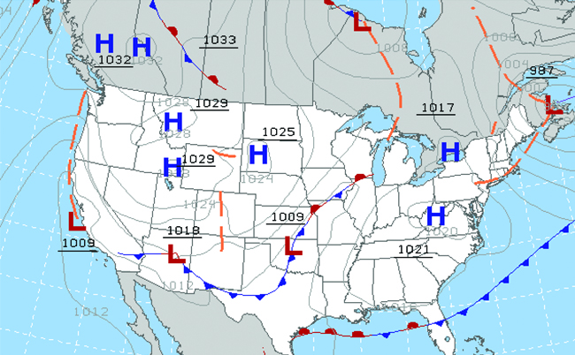 A weather map of the United States is shown which points out areas of high and low pressure with the letters H in blue and L in red. There are curved grey lines throughout the United States region as well as beyond it around area of Canada and the oceans.