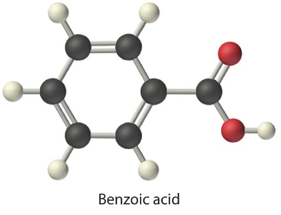 Ball and stick diagram of benzoic acid. 