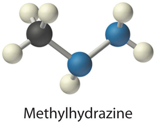 Ball and stick diagram of methylhydrazine.