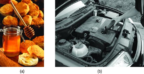 Two photographs are shown and labeled “a” and “b.” Photo a shows a jar of honey with a dipper drizzling it onto a biscuit. More biscuits are shown in a basket in the background. Photo b shows the engine of a car and a person adding motor oil to the engine.
