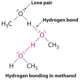 Hydrogen bonding in methanol occurring between the hydrogen and oxygen of two different methanol molecules.