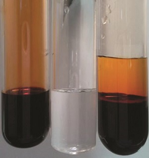 This figure shows three test tubes. The first test tube holds a dark orange-brown substance. The second test tube holds a clear substance. The amount of substance in both test tubes is the same. The third test tube holds a dark orange-brown substance on the bottom with a lighter orange substance on top. The amount of substance in the third test tube is almost double of the first two.