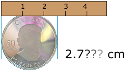 Medición del diámetro de la moneda con medidor de palo. El resultado es 2.7??? cm