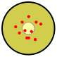 Círculo grande con círculo más pequeño más claro en el medio. Puntos rojos dispersos aleatoriamente alrededor del punto central