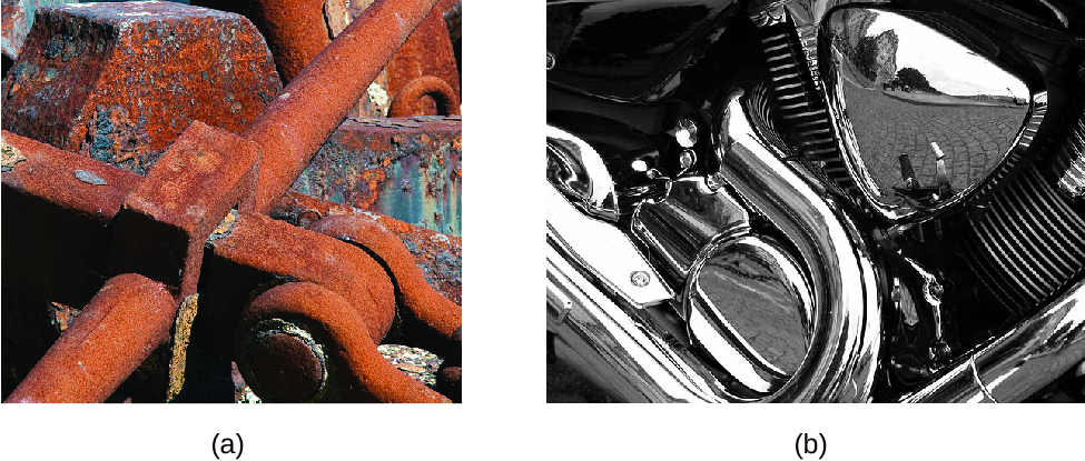 Comparison of two metal equipments. The first image shows a rusted brown appearance and the following image shows a shiny metallic appearance. 