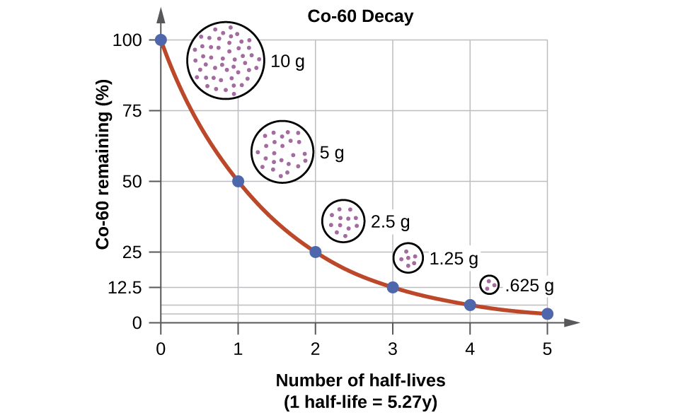 Graph of Co-60 Decay as a function of the % of Co-60 remaining as a function of number of half lives.