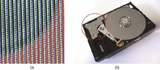 A. Closeup of a flat screen shows the many individual pixels which are red green and blue in color. B. A computer hard drive is shown with a metallic component highlighted in a red circle.